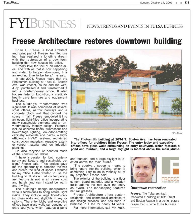 Tulsa World/FYI Business: Freese Architecture restores downtown building